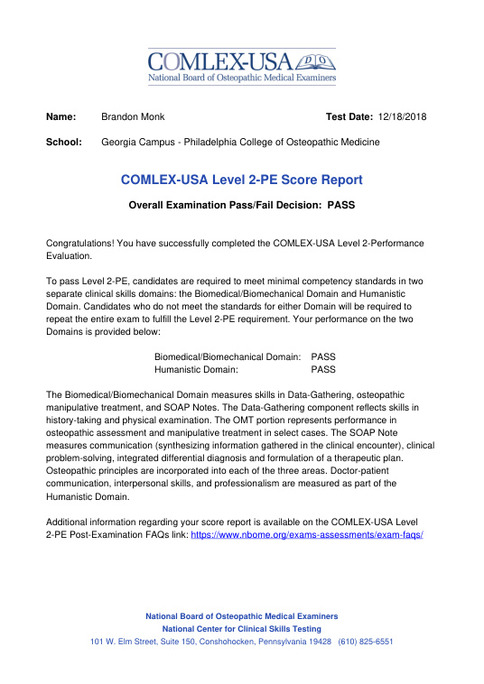 COMLEX-USA Level 2-PE score report — Brandon Monk