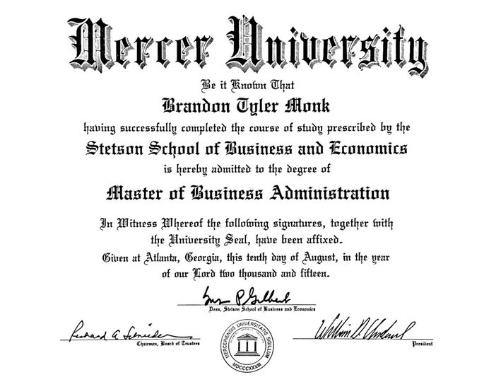 MBA diploma — Brandon Tyler Monk, Mercer University