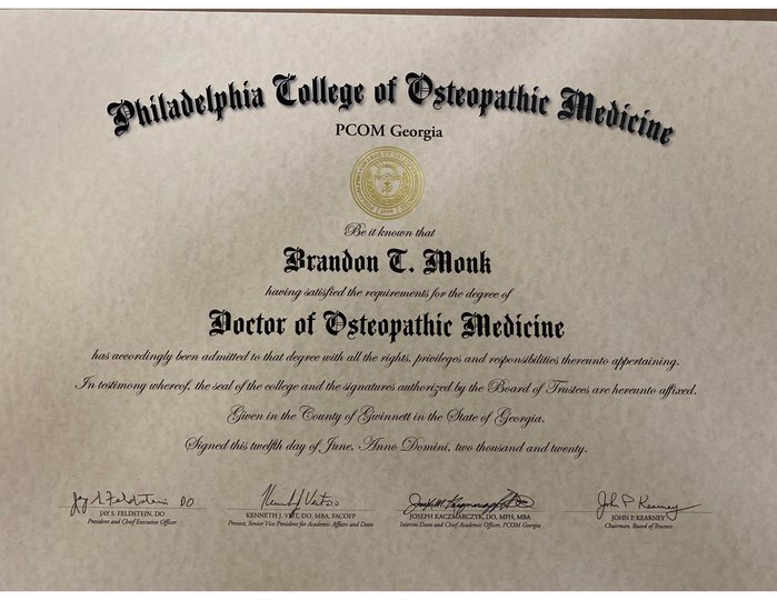 Medical school diploma — Brandon T. Monk, DO, PCOM Georgia