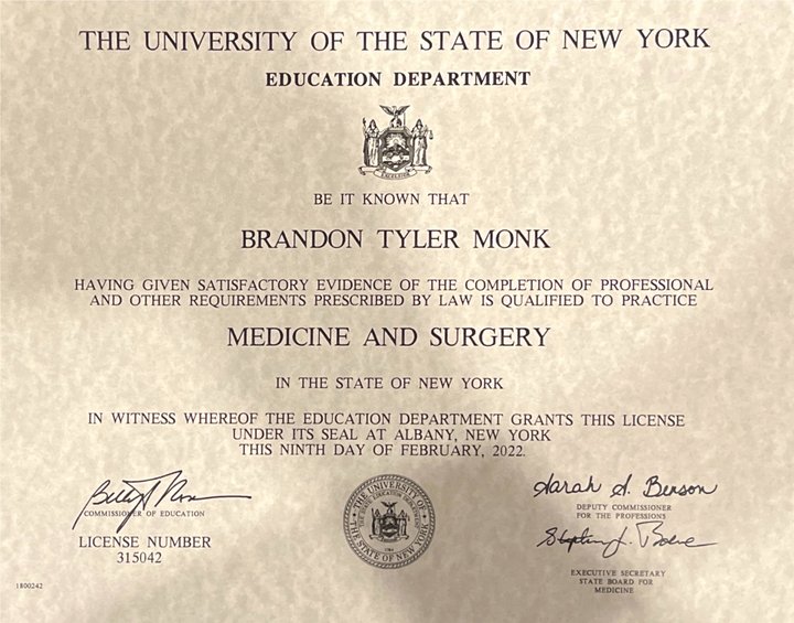New York Medicine and Surgery license parchment