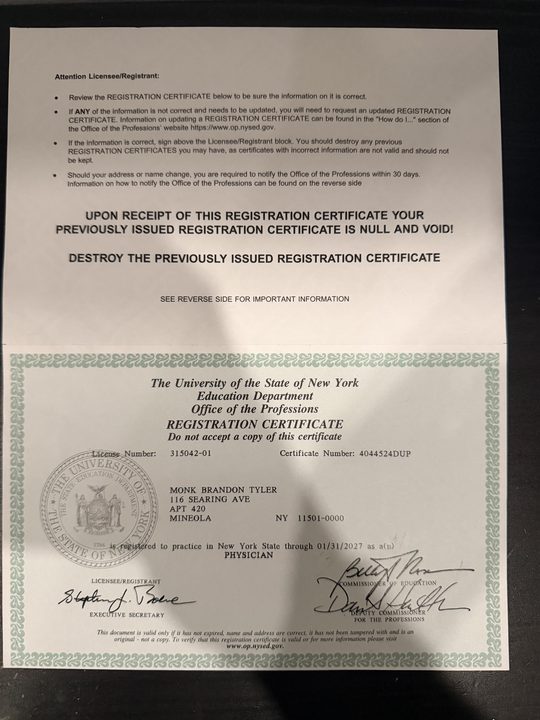 New York physician registration certificate — Brandon Tyler Monk