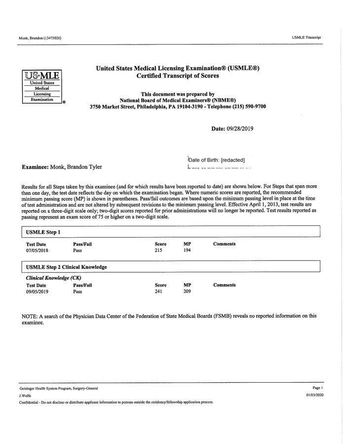 USMLE certified transcript of scores — Brandon Monk